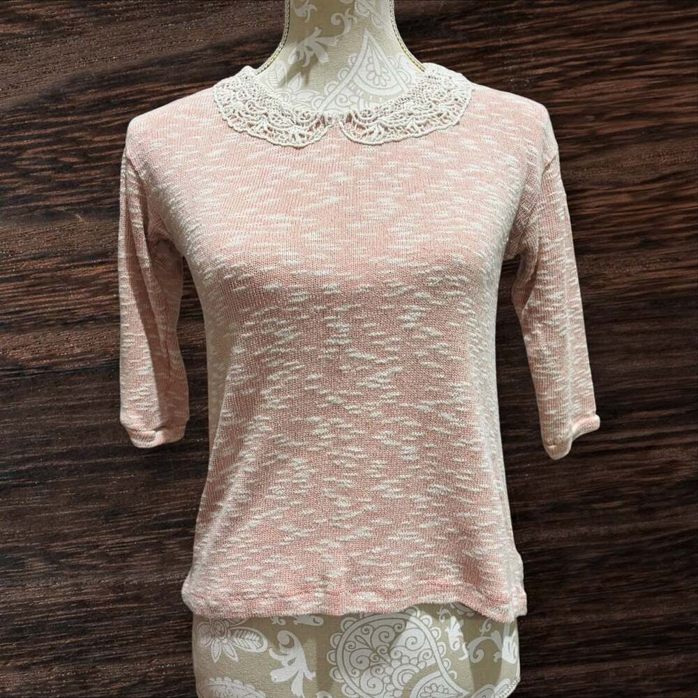 Maison Jules Pink Heathered Knit Top With Crochet Lace Peter Pan Collar Size S